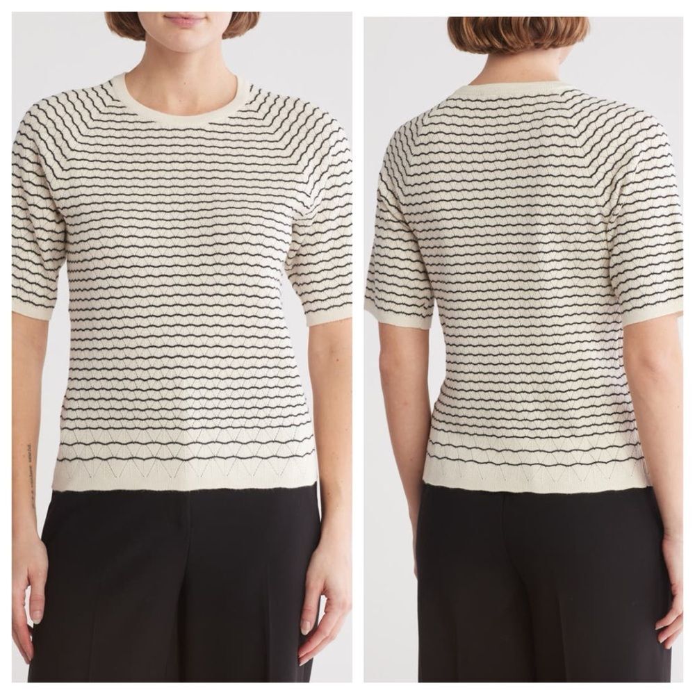 NWT Adrianna Papell Pointelle Stripe Short sleeve cream sweater size medium